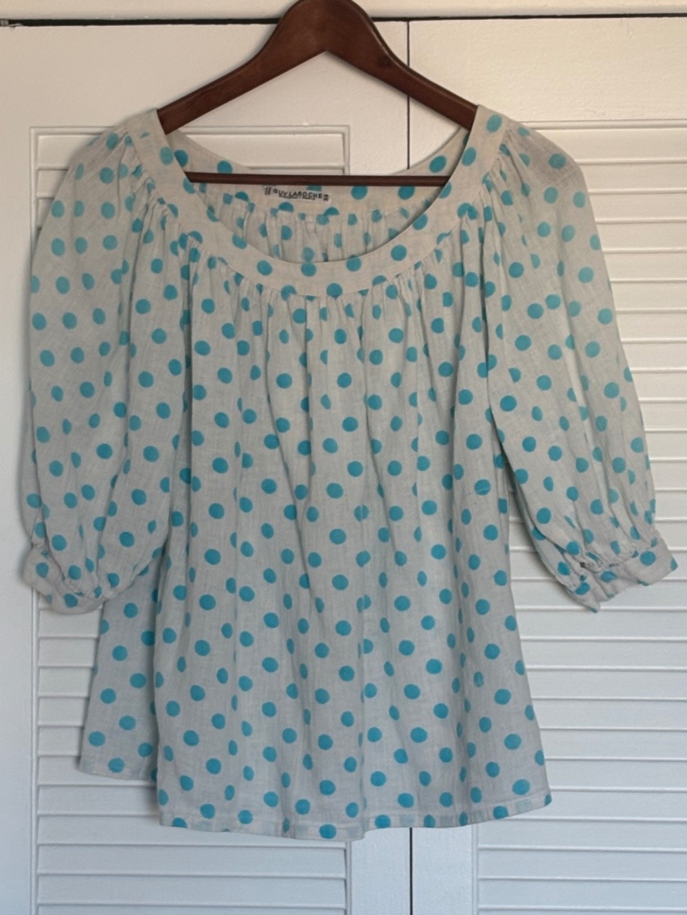 Guy Laroche Vintage Muslin Polka Dot Vacation Summer Blouse Cute Pleating 34